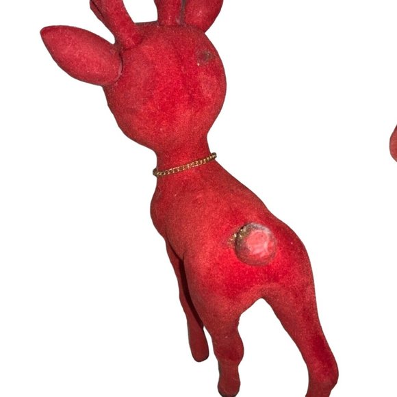 Red Flocked Felt Christmas Reindeer 2 Vintage Deer - Picture 10 of 16